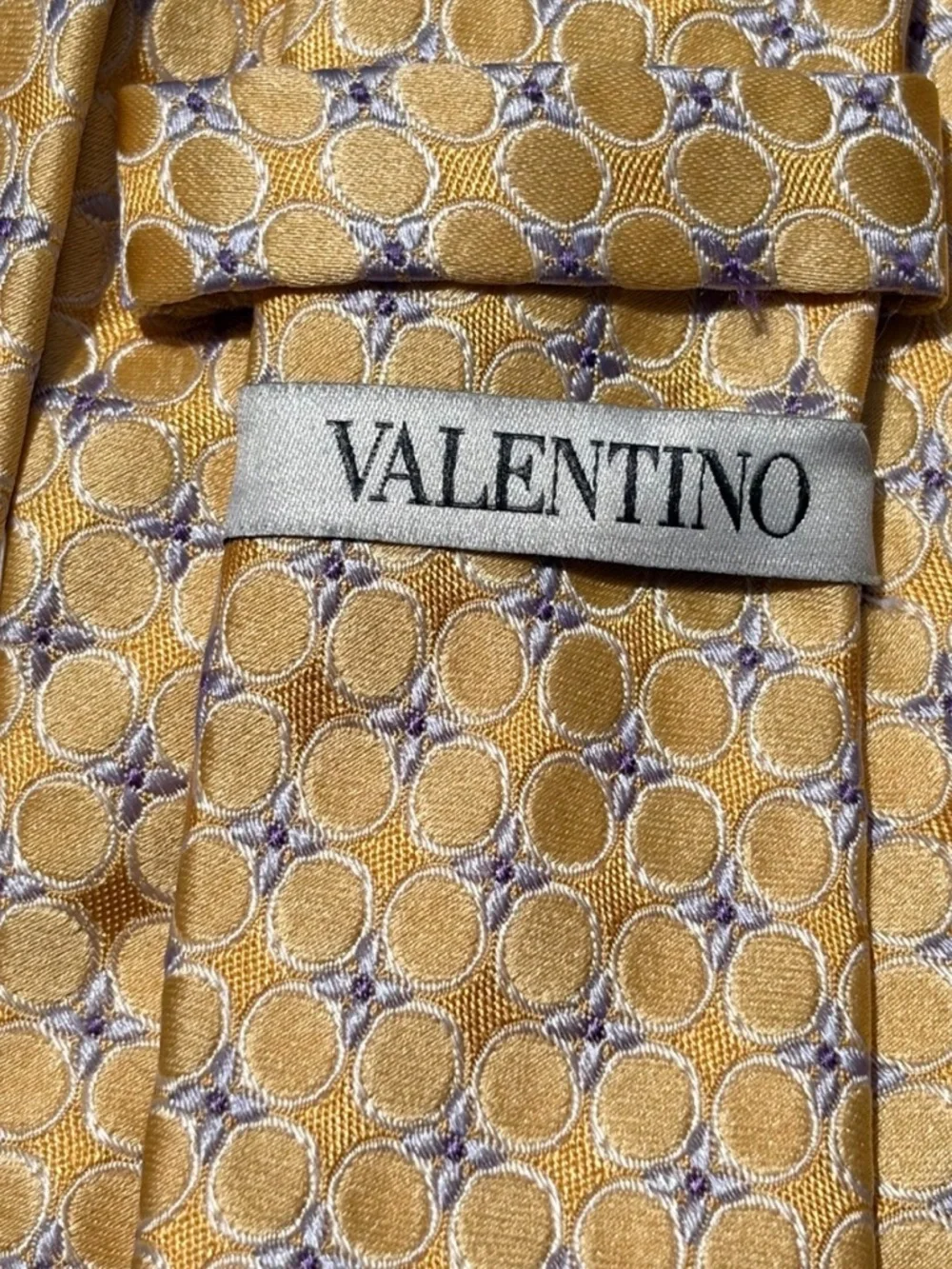 Valentino Silk Tie Gold Yellow Purple Geometric  Pattern Italy Designer Luxury